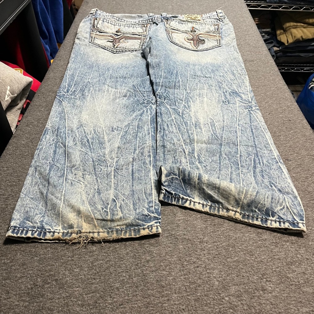 Rock Revival Homel Relaxed Straight Jeans Mens 42x32 Light Wash Embroidered Y2K